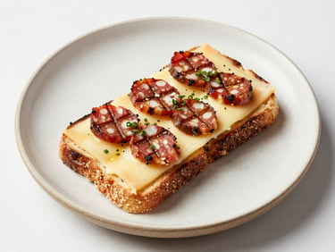 Overhead clean studio shot of a classic cheese and sucuk toast on a modern ceramic plate, crisp grill lines, vibrant colors, professional commercial food styling.