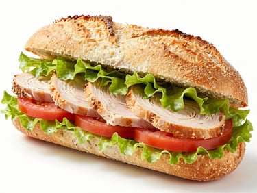 Macro shot of a cold baguette sandwich filled with sliced turkey breast, fresh lettuce, and tomato, clean commercial food photography, bright studio lighting.
