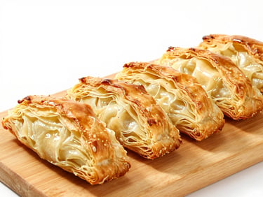 Crisp studio food photography of golden-brown flaky börek, sliced on a wooden board, high-end commercial shot
