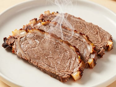 Crisp studio food photography of perfectly sliced beef döner, steam rising, macro shot, neutral clean plate