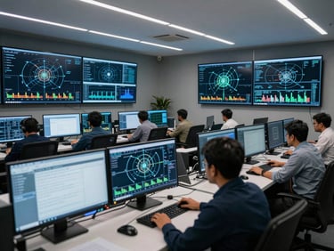 Wide environmental shot of a modern Network Operations Center in India, multiple monitoring screens displaying active network topologies and uptime graphs, cool LED lighting.