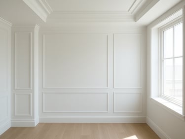 Close-up of a pristine, clean modern room with gypsum drywall details, minimalist interior, bright natural daylight, 35mm