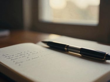 Handwritten journal page with soft focus on a pen, warm window light, intimate depth of field, 35mm film grain