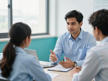 Professional 1:1 career counseling session in a bright Guntur office, mentor guiding a student, natural lighting