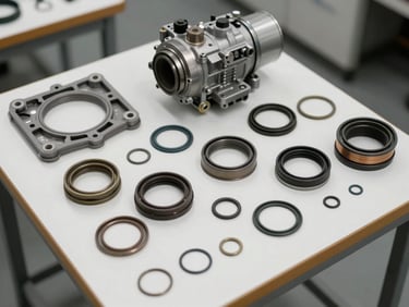 Tight overhead shot of compressor seal kits and o-ring sets laid out on a white bench surface, labeled components visible, clean diffused studio lighting