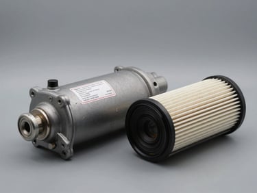 Macro shot of a compressor oil separator element and air filter cartridge laid side by side on a neutral gray surface, studio light, clear labeling visible
