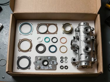 Overhead flat-lay of a sealed compressor service kit box open on a workbench, components arranged in order — gaskets, o-rings, valve plates — even shop lighting