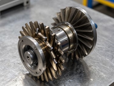 Close-up overhead shot of a screw compressor air end rotor pair on a clean metal workbench, even studio light, full detail on helical lobes