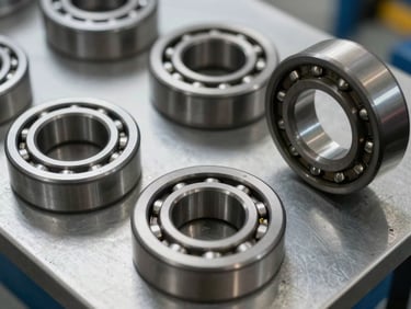 Close-up overhead shot of precision compressor bearings and races arranged on a clean steel-gray bench, sharp detail on race geometry and surface finish, even north-facing daylight