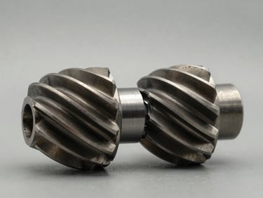 Macro shot of twin screw rotors side by side on a neutral workshop surface, even studio lighting, sharp machined helical profile detail visible