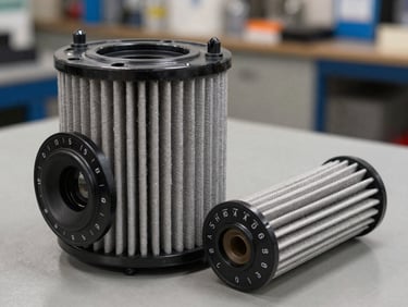 Close-up of an air-oil separator filter element and inline filter cartridge on a neutral shop bench, even strobe lighting, filter media texture and end-cap markings clearly visible