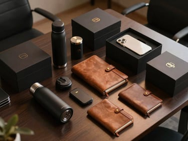 Overhead flat-lay of luxury corporate gift boxes, matte-black insulated bottles, leather-bound diaries, and high-end tech accessories arranged neatly on a dark executive desk, warm cinematic side lighting, rich gold accents.