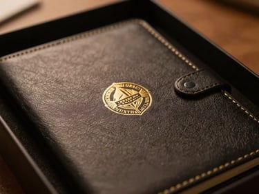 Macro shot of a luxury corporate gift box with gold embossing on a black leather diary, warm cinematic lighting, 85mm