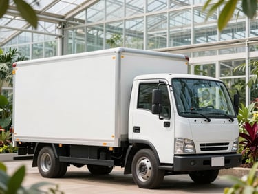 Clean white delivery truck parked outside a modern glass greenhouse, bright morning light