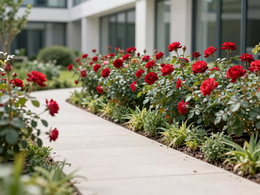 Modern architectural garden pathway bordered by healthy blooming rose bushes, bright daylight