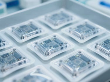 Top-down view of organized electronic components in anti-static packaging on a clean warehouse shelf, bright studio lighting.