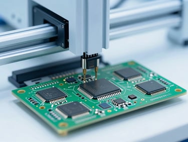 Macro close-up of high-tech automated pick-and-place assembly line placing microchips on a green PCB under clean cool studio lighting