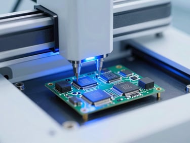 Close-up of a high-tech automated pick-and-place assembly machine placing microchips onto a PCB, cool blue LED lighting.