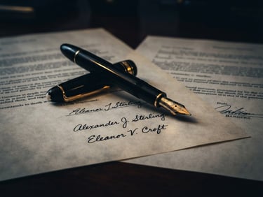 Close-up of a luxury fountain pen resting on signed legal documents, dramatic low-key lighting, deep navy shadows and warm gold metallic reflections, sharp focus, editorial style