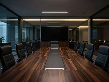 Wide environmental shot of an impressive corporate legal boardroom, dark wood table, architectural glass walls, dramatic low-key lighting, editorial style