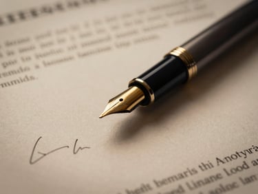 Close-up detail of a fountain pen resting on signed legal documents, warm gold tones, sharp focus, moody corporate photography
