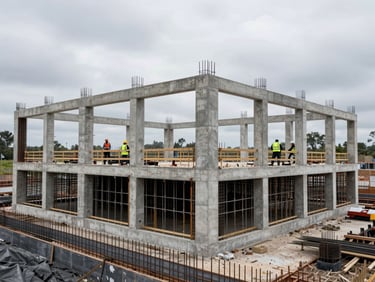 Wide landscape shot of a reinforced concrete frame mid-pour at a construction site, cool overcast north-facing light, workers in the background managing formwork, structural steel rebar visible in the foreground — no hi-vis clichés, focus on the engineering scale of the pour