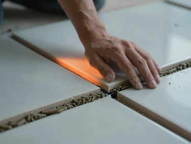 Close-up landscape frame of a finisher's hand pressing a large-format porcelain tile into mortar along a razor-sharp edge joint, deep-orange accent light grazing the tile surface from one side, cool ambient light from the other, no staging — pure execution detail