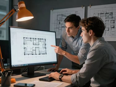 Wide shot of a structural engineer and architect reviewing CAD drawings on a large monitor in a dimly lit site office, orange accent light from a single desk lamp illuminating the screen edge, blueprint prints pinned behind them on a dark wall