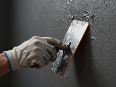 Extreme close-up of a plasterer's gloved hand running a steel finishing trowel across a freshly skimmed wall, deep orange accent light catching the wet surface edge, matte dark background, precise tool angle visible, no faces