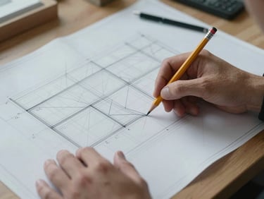 Close-up landscape shot of an architect's drafting table, a precise pencil line being drawn across a large-format blueprint, cool overhead daylight, structural grid lines visible across the page, no faces — only hands and instruments