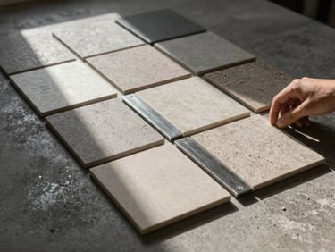Interior design material board laid flat on a dark concrete surface — tile samples, metal finish strips, and fabric swatches arranged in a precise grid, cool north light raking across the textures from the upper left, a draughtsman's hand adjusting one tile corner