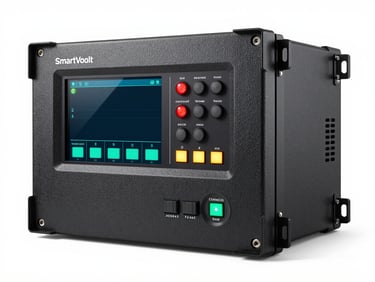 SmartVoolt industrial-grade stabilizer cabinet, studio white background, clinical strobe lighting, large digital readout panel and multiple status indicators, heavy-duty housing detail