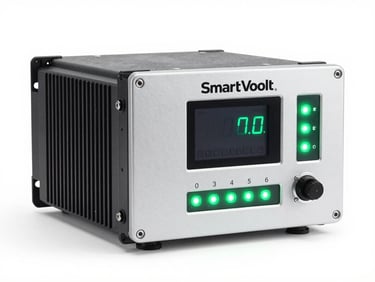 SmartVoolt automatic voltage stabilizer unit in studio, front panel facing camera, status LEDs illuminated in green, bright studio strobe lighting on white background, tight three-quarter product shot showing digital display and control panel