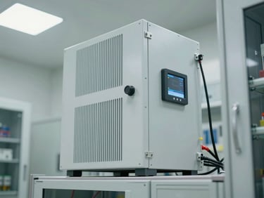 SmartVoolt high-capacity stabilizer bank installed in industrial electrical room, bright overhead lighting, visible cable connections and digital monitoring panel, clinical documentation angle