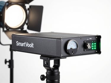SmartVoolt mid-range stabilizer unit front panel, studio lighting, bright white background, voltage meter display and green LEDs active, three-quarter product angle
