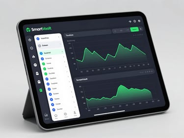 Full-screen interface mockup of the SmartVoolt app dashboard on a tablet, showing real-time voltage graphs with green data lines, event log entries, and stabilization status indicators on a dark UI background, bright studio lighting, tight framing