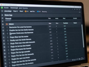 A tight, functional crop of a digital workspace showing structured risk data fields loading on a dark interface, cool undertones, high clarity.