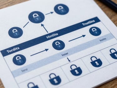 Abstract data-flow diagram showing document inputs translating into structured, clean database tables with secure lock icons, rendered in crisp navy and electric blue tones.