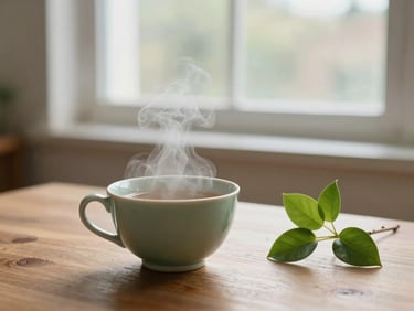 Xícara de chá quente em uma mesa de madeira, com vapor subindo suavemente, ao lado de uma pequena planta verde. Luz natural de janela, profundidade de campo rasa.