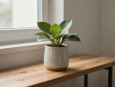 Detalhe de uma planta verde (costela-de-adão) em um vaso de cerâmica sobre uma prateleira de madeira, em um ambiente de consultório minimalista. Luz natural suave.