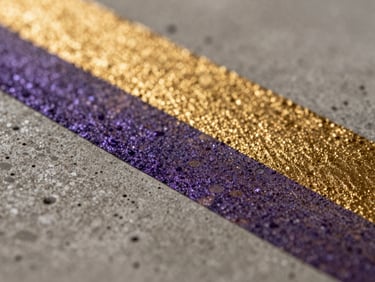 Macro photograph of cured UV ink on raw concrete, showing the microscopic texture of the pigment embedded in the stone pores, gold and violet tones