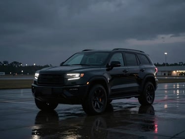 Moody cinematic wide shot of a sleek black armored SUV parked on a wet private airport tarmac at twilight, soft runway lights reflecting on the polished black paint, 35mm