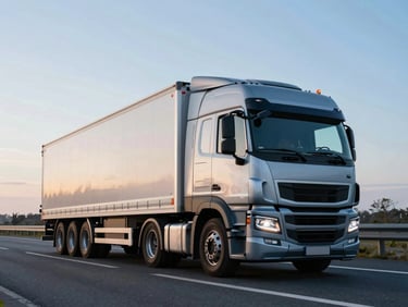 Crisp commercial photography of a modern clean truck on a European highway at sunrise, cool blue and metallic tones, wide-angle lens, sharp focus