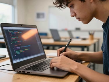 Dynamic close-up of a student writing Python code on a rugged laptop in an Atlanta workshop, warm screen glow reflecting on their face, 35mm lens.