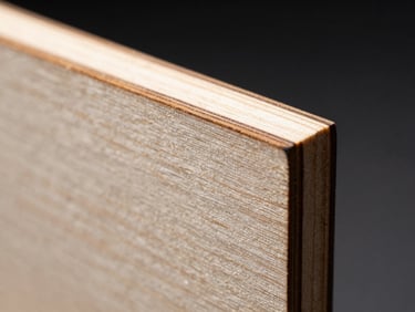 Close-up of a laser-cut wooden edge, showing fine detail and minimal charring, dark background, dramatic backlighting highlighting the cut.