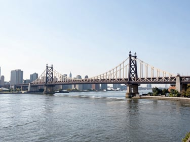 A wide, bright panoramic shot of the Queensboro Bridge spanning the East River, with the Manhattan skyline in the distance, natural daylight, crisp focus, high-end editorial style.