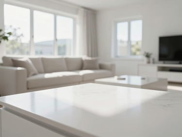 Bright, clean, modern living room after a deep clean, sunlight streaming through windows, crisp focus on polished surfaces.