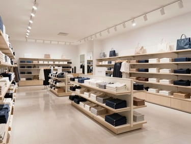 Immaculate retail store interior, polished floors, clean display shelves, and bright overhead lighting.
