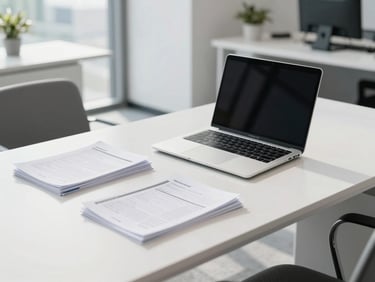Clean, modern office desk setup with a laptop, organized papers, and sparkling surfaces under bright lighting.