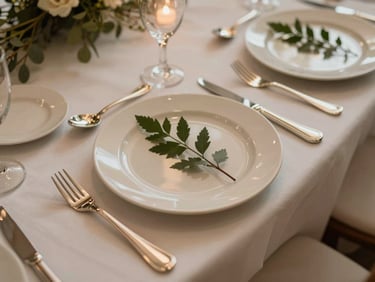 Close-up overhead of a formal wedding reception table setting: white linen, polished silverware, cream-toned ceramic plates with a sprig of greenery, warm tungsten ambient light, no people